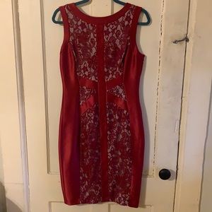 Sangria Red Lace Knee Length Dress with Satin Details